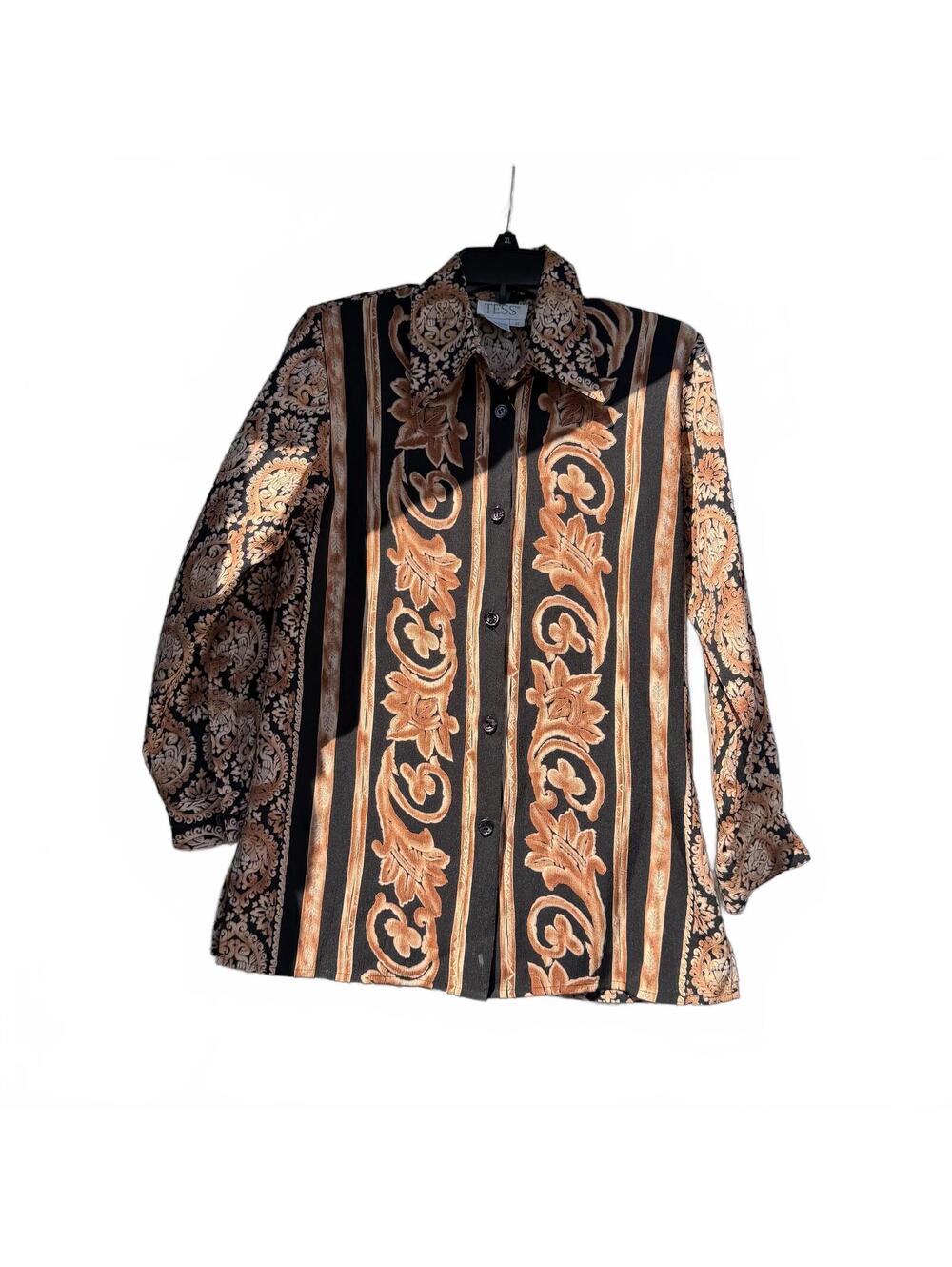 Tess Vintage Made in HK Ornate Paisley Button Up Shirt Brown Black Girls S